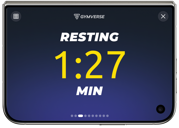 Gym Sign on iPhone Duo's outer display showing a 1:27 rest timer